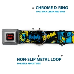 Batman Black/Yellow Seatbelt Buckle Collar - BATMAN Poses and Logo Collage Black/Blue/Yellow