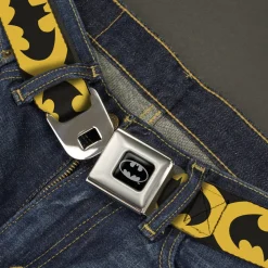 Batman Full Color Black Silver Black Seatbelt Belt - Bat Signal-5 Black/Yellow/Black Webbing