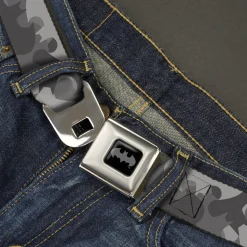 Batman Full Color Black Silver Black Seatbelt Belt - Bat Signal Stacked Black/Grays Webbing