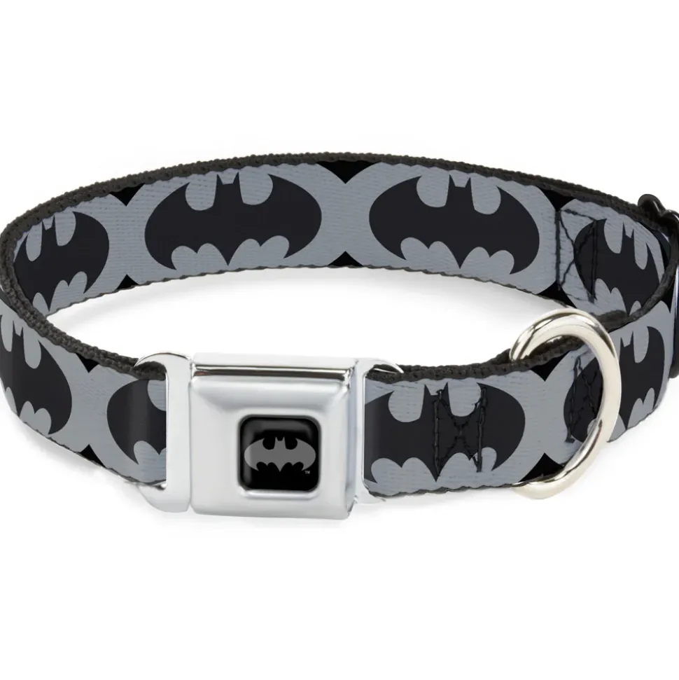 Batman Full Color Black Silver Black Seatbelt Buckle Collar - Bat Signal-5 Black/Gray/Black