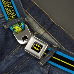 Batman Full Color Black Yellow Seatbelt Belt - BATMAN/Retro Logos Stripe Blue/Black/Yellow Webbing