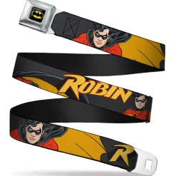 Batman Full Color Black Yellow Seatbelt Belt - ROBIN Red/Black Poses Gray Webbing