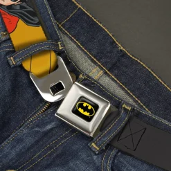 Batman Full Color Black Yellow Seatbelt Belt - ROBIN Red/Black Poses Gray Webbing