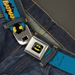 Batman Full Color Black Yellow Seatbelt Belt - Vintage Batman Logo & Bat Signal Blue Webbing