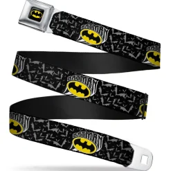 Batman Full Color Black Yellow Seatbelt Belt - BATMAN w/Bat Shield & Flying Bats Black/Gray Webbing