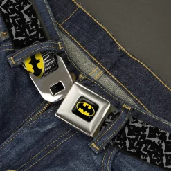 Batman Full Color Black Yellow Seatbelt Belt - BATMAN w/Bat Shield & Flying Bats Black/Gray Webbing