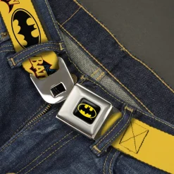 Batman Full Color Black Yellow Seatbelt Belt - Vintage Batman Logo & Bat Signal-3 Yellow Webbing