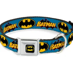 Batman Full Color Black Yellow Seatbelt Buckle Collar - Vintage Batman Logo & Bat Signal Blue