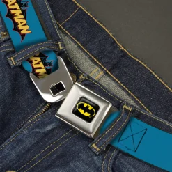 Batman Full Color Black Yellow Seatbelt Belt - Vintage Batman Logo Blue Webbing