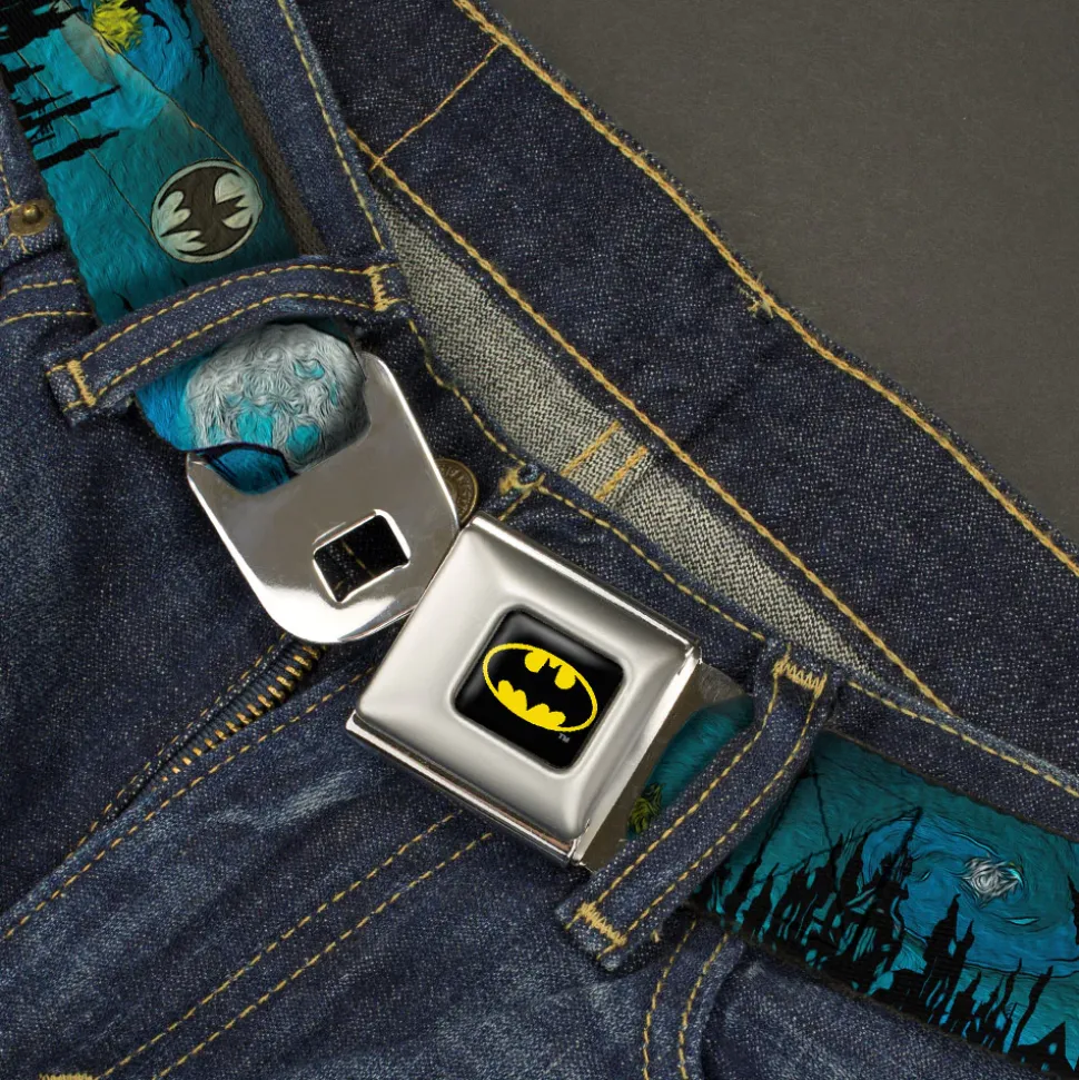Batman Full Color Black Yellow Seatbelt Belt - Batman Gothic Knights Poses Webbing