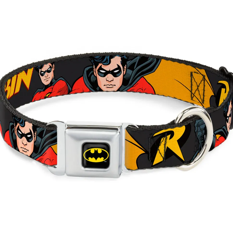 Batman Full Color Black Yellow Seatbelt Buckle Collar - ROBIN Red/Black Poses Gray