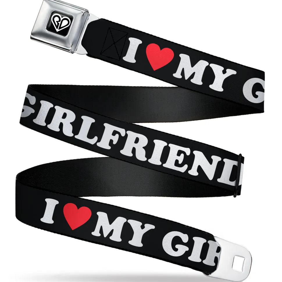 BD Heart Logo Full Color Black/White Seatbelt Belt - I "HEART" MY GIRLFRIEND Black/White/Red Webbing