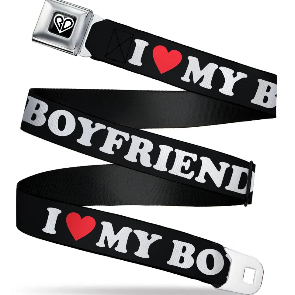 BD Heart Logo Full Color Black/White Seatbelt Belt - I "HEART" MY BOYFRIEND Black/White/Red Webbing