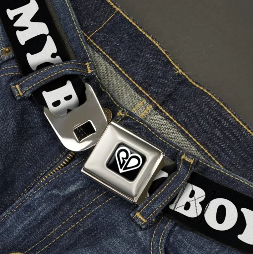 BD Heart Logo Full Color Black/White Seatbelt Belt - I "HEART" MY BOYFRIEND Black/White/Red Webbing