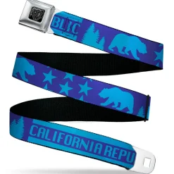 BD Wings Logo CLOSE-UP Black/Silver Seatbelt Belt - CALIFORNIA REPUBLIC/Bear/Stars Silhouette Blues Webbing
