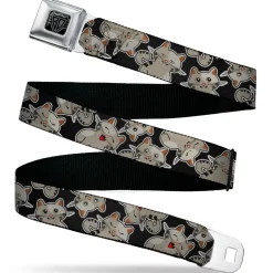 BD Wings Logo CLOSE-UP Black/Silver Seatbelt Belt - Cat Poses Scattered Black/Grays Webbing