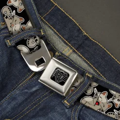 BD Wings Logo CLOSE-UP Black/Silver Seatbelt Belt - Cat Poses Scattered Black/Grays Webbing