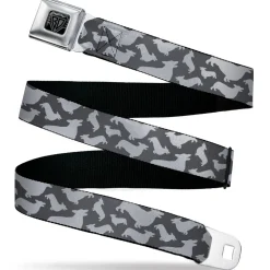 BD Wings Logo CLOSE-UP Black/Silver Seatbelt Belt - Corgi Silhouette Poses Grays Webbing
