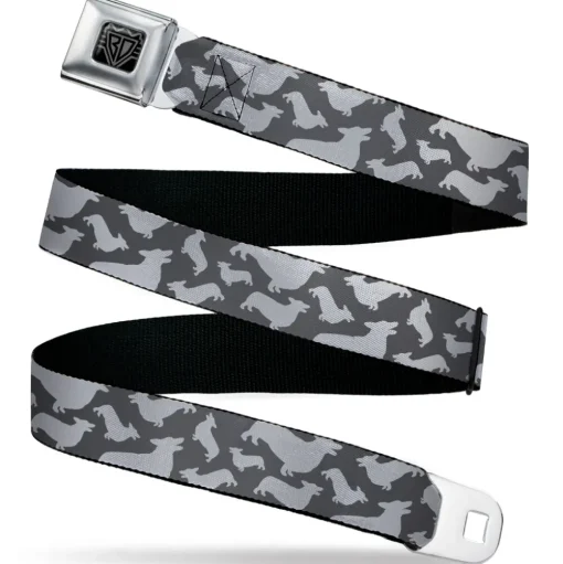 BD Wings Logo CLOSE-UP Black/Silver Seatbelt Belt - Corgi Silhouette Poses Grays Webbing