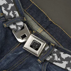 BD Wings Logo CLOSE-UP Black/Silver Seatbelt Belt - Corgi Silhouette Poses Grays Webbing