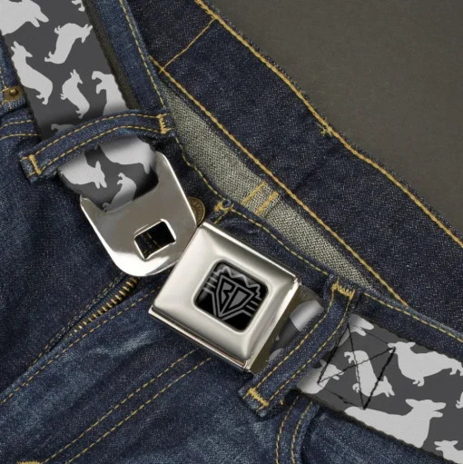BD Wings Logo CLOSE-UP Black/Silver Seatbelt Belt - Corgi Silhouette Poses Grays Webbing