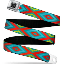 BD Wings Logo CLOSE-UP Black/Silver Seatbelt Belt - Geometric Diamonds Turquoise Blues/Orange/Yellow Webbing