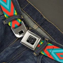BD Wings Logo CLOSE-UP Black/Silver Seatbelt Belt - Geometric Diamonds Turquoise Blues/Orange/Yellow Webbing