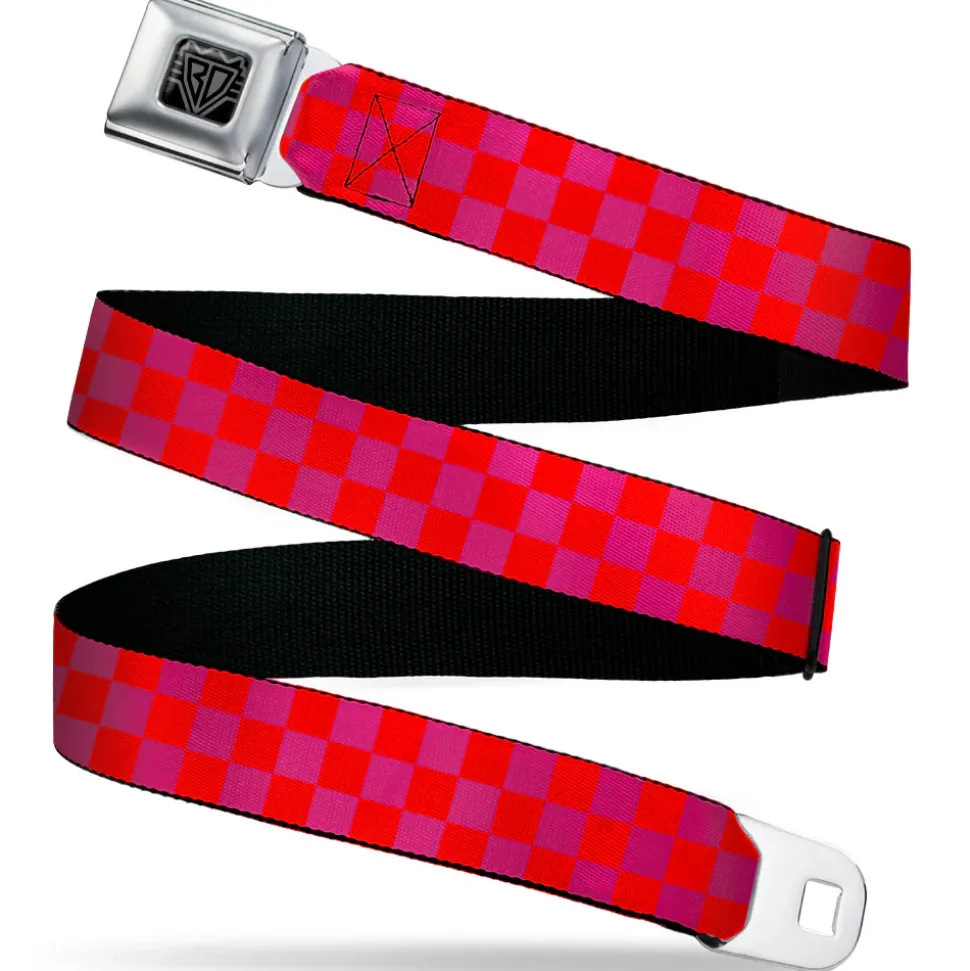 BD Wings Logo CLOSE-UP Black/Silver Seatbelt Belt - Checker Fluorescent Orange/Pink Webbing