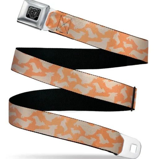 BD Wings Logo CLOSE-UP Black/Silver Seatbelt Belt - Corgi Silhouette Poses Golden Tan Webbing