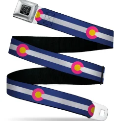 BD Wings Logo CLOSE-UP Black/Silver Seatbelt Belt - Colorado Flags6 Repeat Blue/White/Pink/Yellow Webbing