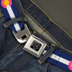 BD Wings Logo CLOSE-UP Black/Silver Seatbelt Belt - Colorado Flags6 Repeat Blue/White/Pink/Yellow Webbing
