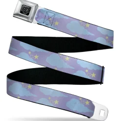 BD Wings Logo CLOSE-UP Black/Silver Seatbelt Belt - Cloudy/Starry Sky Lavender/Blue/Yellow Webbing