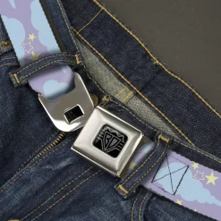 BD Wings Logo CLOSE-UP Black/Silver Seatbelt Belt - Cloudy/Starry Sky Lavender/Blue/Yellow Webbing