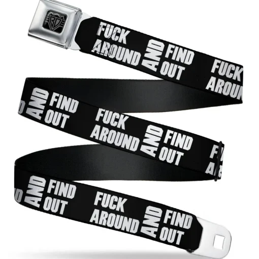BD Wings Logo CLOSE-UP Black/Silver Seatbelt Belt - FAFO FUCK AROUND AND FIND OUT Bold Black/White Webbing