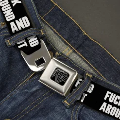BD Wings Logo CLOSE-UP Black/Silver Seatbelt Belt - FAFO FUCK AROUND AND FIND OUT Bold Black/White Webbing