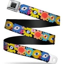 BD Wings Logo CLOSE-UP Black/Silver Seatbelt Belt - Funky Eye Flowers Black/Multi Color Webbing