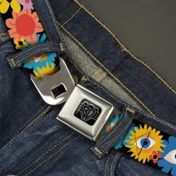 BD Wings Logo CLOSE-UP Black/Silver Seatbelt Belt - Funky Eye Flowers Black/Multi Color Webbing