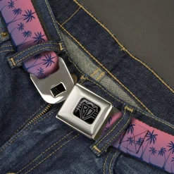 BD Wings Logo CLOSE-UP Black/Silver Seatbelt Belt - Palm Treeline Silhouette Pink Fade/Purple Webbing