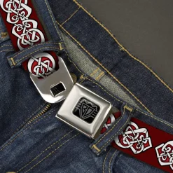 BD Wings Logo CLOSE-UP Black/Silver Seatbelt Belt - Celtic Knot5 Reds/Black/White Webbing