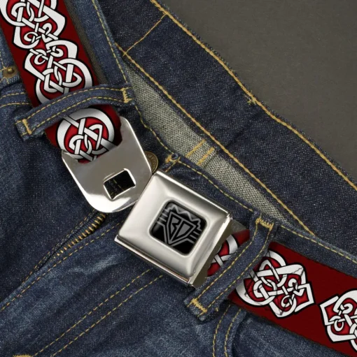 BD Wings Logo CLOSE-UP Black/Silver Seatbelt Belt - Celtic Knot5 Reds/Black/White Webbing