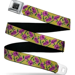 BD Wings Logo CLOSE-UP Black/Silver Seatbelt Belt - Floral Chain Yellow Webbing
