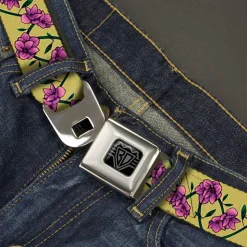 BD Wings Logo CLOSE-UP Black/Silver Seatbelt Belt - Floral Chain Yellow Webbing