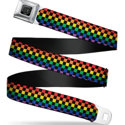 BD Wings Logo CLOSE-UP Black/Silver Seatbelt Belt - Checker Black/Rainbow Multi Color Webbing