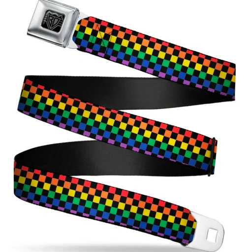 BD Wings Logo CLOSE-UP Black/Silver Seatbelt Belt - Checker Black/Rainbow Multi Color Webbing