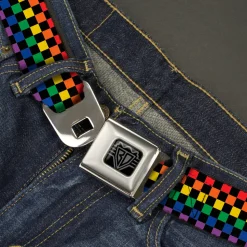 BD Wings Logo CLOSE-UP Black/Silver Seatbelt Belt - Checker Black/Rainbow Multi Color Webbing