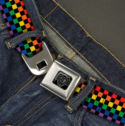 BD Wings Logo CLOSE-UP Black/Silver Seatbelt Belt - Checker Black/Rainbow Multi Color Webbing