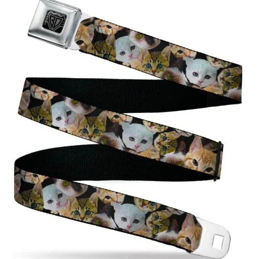 BD Wings Logo CLOSE-UP Black/Silver Seatbelt Belt - Cat Faces Stacked2 Webbing