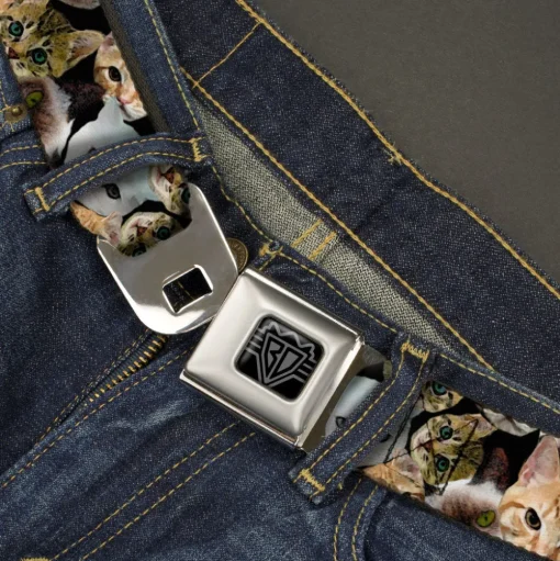 BD Wings Logo CLOSE-UP Black/Silver Seatbelt Belt - Cat Faces Stacked2 Webbing