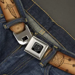 BD Wings Logo CLOSE-UP Black/Silver Seatbelt Belt - Dream Catcher Tan/Black Webbing