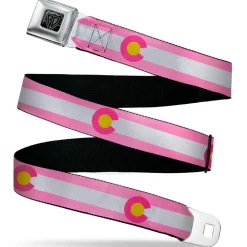 BD Wings Logo CLOSE-UP Black/Silver Seatbelt Belt - Colorado Flags5 Repeat Light Pink/White/Pink/Yellow Webbing